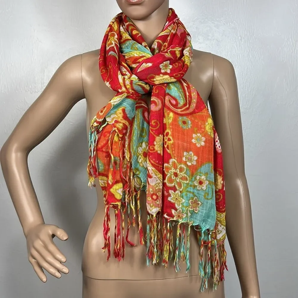 Vibrant Paisley Floral Print Fringe Trim Rectangle Scarf